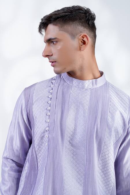 Menero_Purple Chanderi Silk, Cotton Embroidery Pintucked Mesh Work Kurta And Pant Set _at_Aza_Fashions