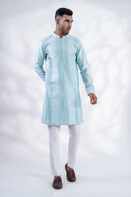 Buy_Menero_Blue Chanderi Silk, Cotton Embroidery Mesh Work Pintucked Kurta And Pant Set _Online_at_Aza_Fashions