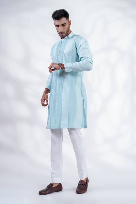 Shop_Menero_Blue Chanderi Silk, Cotton Embroidery Mesh Work Pintucked Kurta And Pant Set _Online_at_Aza_Fashions
