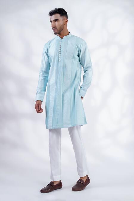 Menero_Blue Chanderi Silk, Cotton Embroidery Mesh Work Pintucked Kurta And Pant Set _at_Aza_Fashions