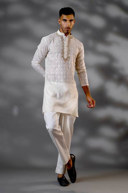 Menero Ivory Chanderi Silk, Cotton Diamonds, Floral Threadwork Kurta And Pant Set Online at Aza Fashions Menero_Ivory Chanderi Silk, Cotton Diamonds, Floral Threadwork Kurta And Pant Set _Online_at_Aza_Fashions