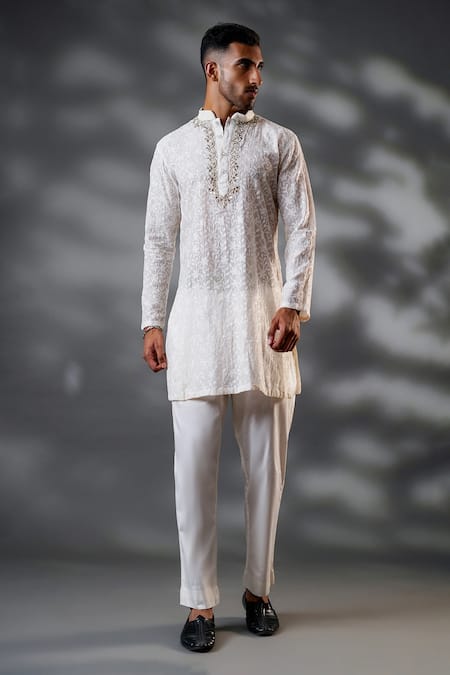 Buy_Menero_Ivory Chanderi Silk, Cotton Diamonds, Floral Threadwork Kurta And Pant Set _Online_at_Aza_Fashions