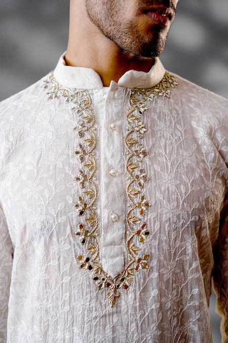 Shop Menero Ivory Chanderi Silk, Cotton Diamonds, Floral Threadwork Kurta And Pant Set Online at Aza Fashions Shop_Menero_Ivory Chanderi Silk, Cotton Diamonds, Floral Threadwork Kurta And Pant Set _Online_at_Aza_Fashions