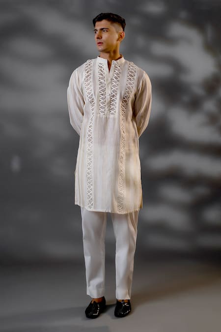 Menero Ivory Chanderi Silk, Cotton Embroidery Criss Cross Work Kurta And Pant Set Online at Aza Fashions Menero_Ivory Chanderi Silk, Cotton Embroidery Criss Cross Work Kurta And Pant Set _Online_at_Aza_Fashions