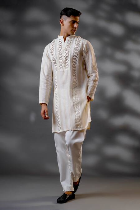 Buy Menero Ivory Chanderi Silk, Cotton Embroidery Criss Cross Work Kurta And Pant Set Online at Aza Fashions Buy_Menero_Ivory Chanderi Silk, Cotton Embroidery Criss Cross Work Kurta And Pant Set _Online_at_Aza_Fashions