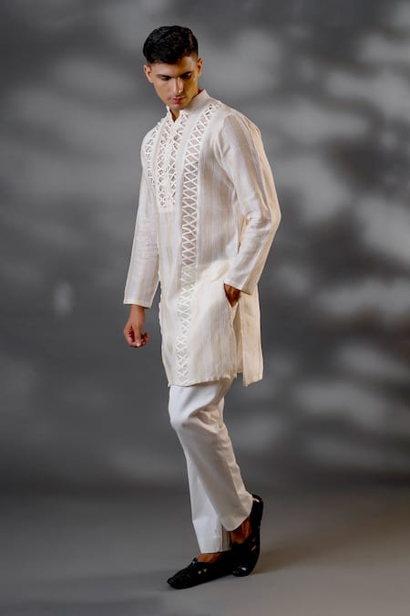 Shop Menero Ivory Chanderi Silk, Cotton Embroidery Criss Cross Work Kurta And Pant Set Online at Aza Fashions Shop_Menero_Ivory Chanderi Silk, Cotton Embroidery Criss Cross Work Kurta And Pant Set _Online_at_Aza_Fashions