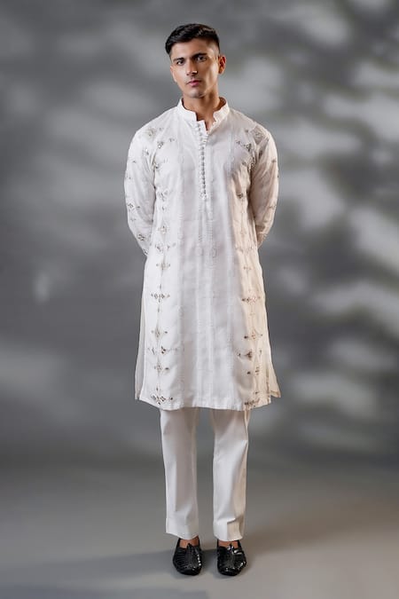 Menero_White Cotton, Organza Embroidery Dori Work Kurta And Pant Set _Online_at_Aza_Fashions