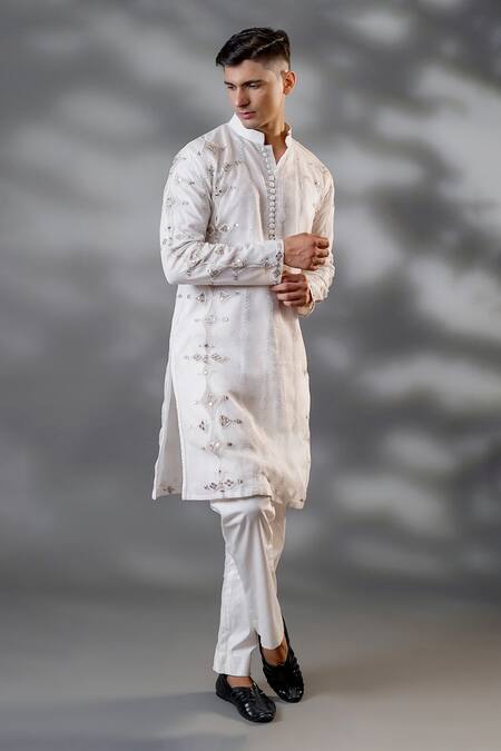 Buy_Menero_White Cotton, Organza Embroidery Dori Work Kurta And Pant Set _Online_at_Aza_Fashions