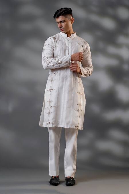 Shop_Menero_White Cotton, Organza Embroidery Dori Work Kurta And Pant Set _Online_at_Aza_Fashions
