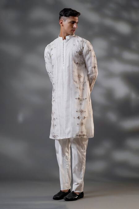 Menero_White Cotton, Organza Embroidery Dori Work Kurta And Pant Set _at_Aza_Fashions