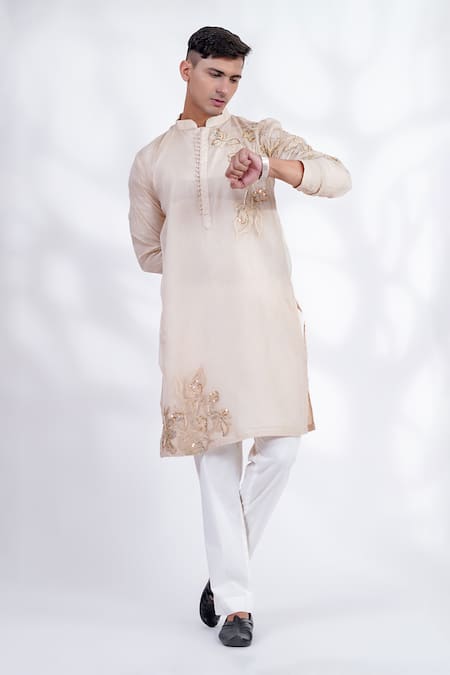 MENERO Cream Pure Organza Embroidered Floral Placement Kurta And Pant Set 