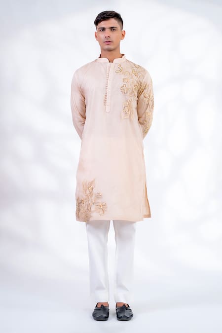 Buy_Menero_Cream Cotton, Organza Embroidery Placement Floral Kurta And Pant Set _Online_at_Aza_Fashions