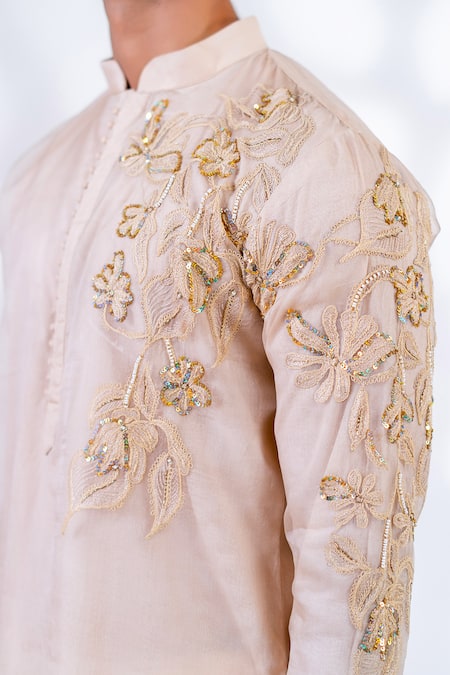 Shop_Menero_Cream Cotton, Organza Embroidery Placement Floral Kurta And Pant Set _Online_at_Aza_Fashions