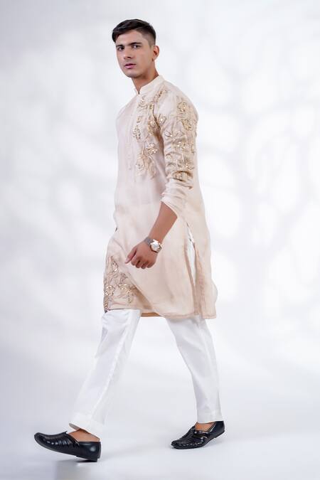 Menero_Cream Cotton, Organza Embroidery Placement Floral Kurta And Pant Set _at_Aza_Fashions