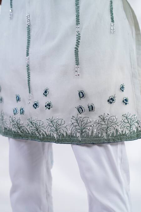 Shop_Menero_Green Cotton, Organza Mirrors, Embroidery Resham Dori Kurta And Pant Set _Online_at_Aza_Fashions