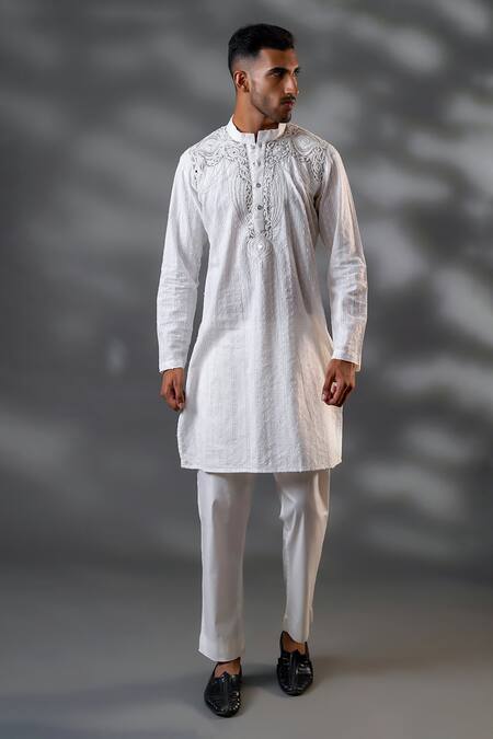 Shop_Menero_White Cotton, Net Fringe, Embroidery Embossed Threadwork Kurta And Pant Set _Online_at_Aza_Fashions