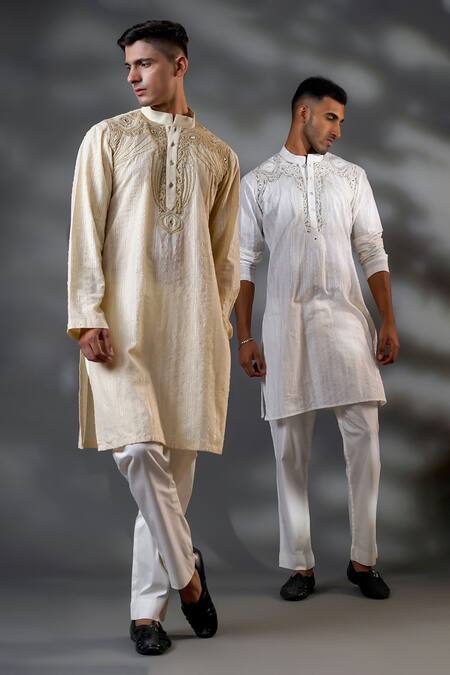 Buy_Menero_Cream Cotton, Net Embroidery Embossed Threadwork Kurta And Pant Set _Online_at_Aza_Fashions