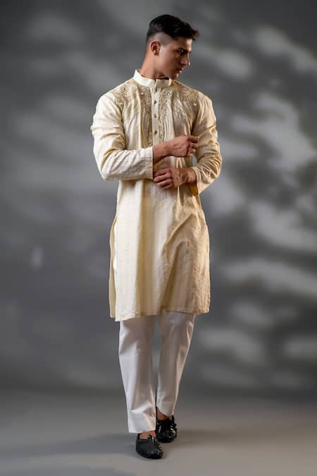 Shop_Menero_Cream Cotton, Net Embroidery Embossed Threadwork Kurta And Pant Set _Online_at_Aza_Fashions
