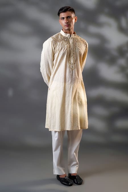 Buy_Menero_Cream Cotton, Net Embroidery Embossed Threadwork Kurta And Pant Set 