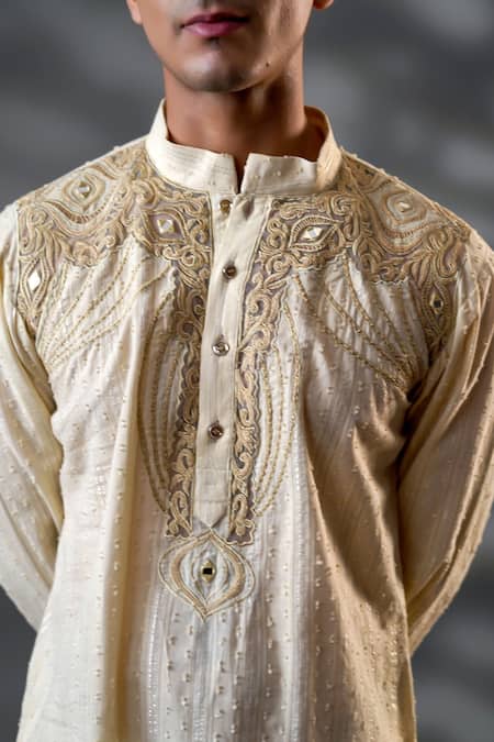 Shop Menero Cream Cotton, Net Embroidery Embossed Threadwork Kurta And Pant Set Shop_Menero_Cream Cotton, Net Embroidery Embossed Threadwork Kurta And Pant Set