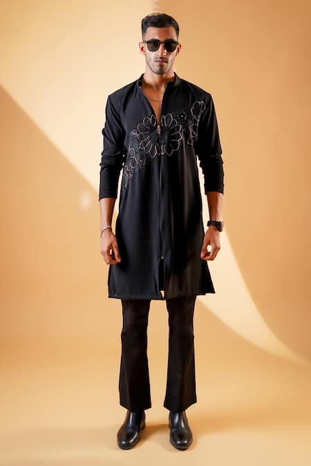 Menero_Black Cotton, Crepe Embroidery Pita Work Kurta And Bell Bottom Pant Set _Online_at_Aza_Fashions