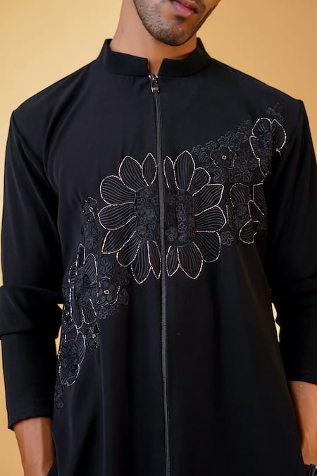 Buy_Menero_Black Cotton, Crepe Embroidery Pita Work Kurta And Bell Bottom Pant Set _Online_at_Aza_Fashions
