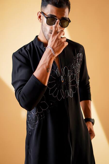 Shop_Menero_Black Cotton, Crepe Embroidery Pita Work Kurta And Bell Bottom Pant Set _Online_at_Aza_Fashions