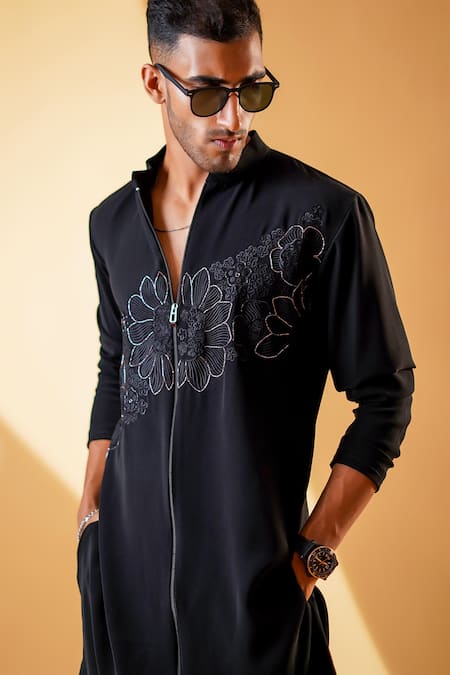 Menero_Black Cotton, Crepe Embroidery Pita Work Kurta And Bell Bottom Pant Set _at_Aza_Fashions