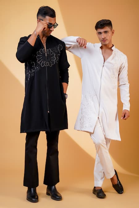 Buy_Menero_Black Cotton, Crepe Embroidery Pita Work Kurta And Bell Bottom Pant Set 