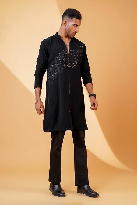 Buy Black Cotton, Crepe Embroidery Pita Work Kurta And Bell Bottom