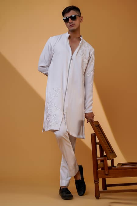 MENERO White Pure Crepe Lycra Embroidered Pita Floral Work Kurta And Pant Set 