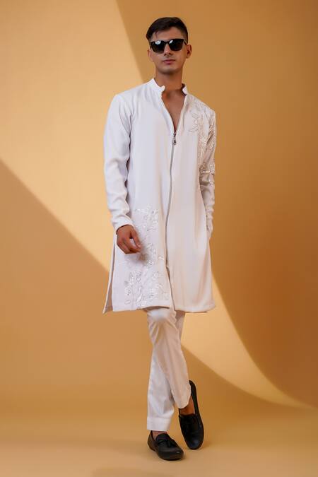 Menero_White Cotton, Crepe Embroidery Floral Pita Work Kurta And Pant Set _Online_at_Aza_Fashions