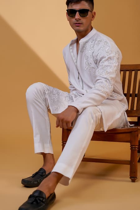Buy_Menero_White Cotton, Crepe Embroidery Floral Pita Work Kurta And Pant Set _Online_at_Aza_Fashions