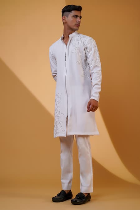 Menero_White Cotton, Crepe Embroidery Floral Pita Work Kurta And Pant Set _at_Aza_Fashions