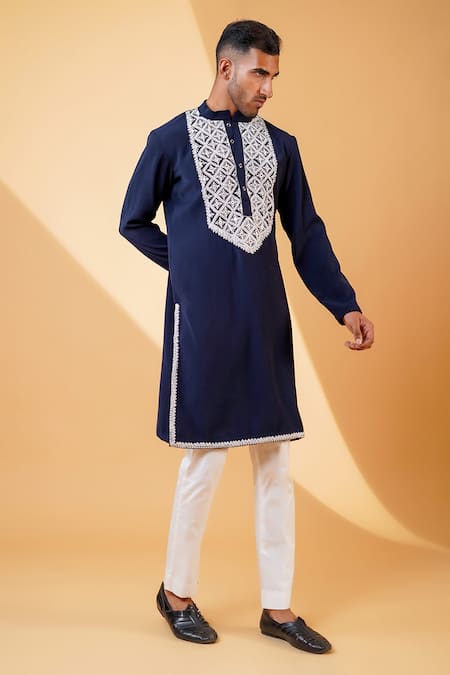 MENERO Blue Pure Crepe Lycra Embroidered Dori Resham Kurta And Pant Set 