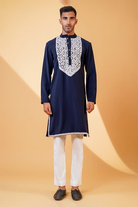 Menero_Blue Cotton, Crepe Embroidery Resham Dori Kurta And Pant Set _Online_at_Aza_Fashions
