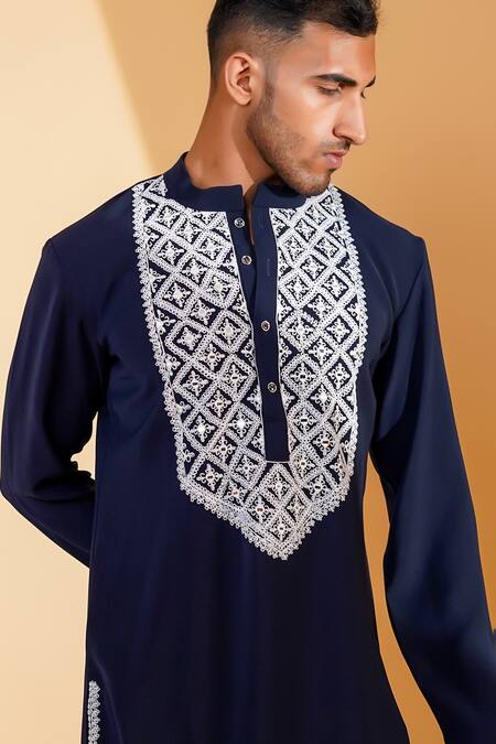 Buy_Menero_Blue Cotton, Crepe Embroidery Resham Dori Kurta And Pant Set _Online_at_Aza_Fashions