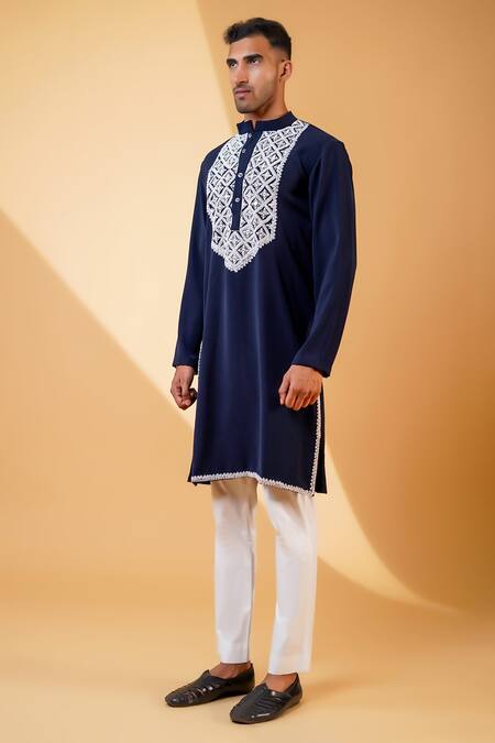 Menero_Blue Cotton, Crepe Embroidery Resham Dori Kurta And Pant Set _at_Aza_Fashions