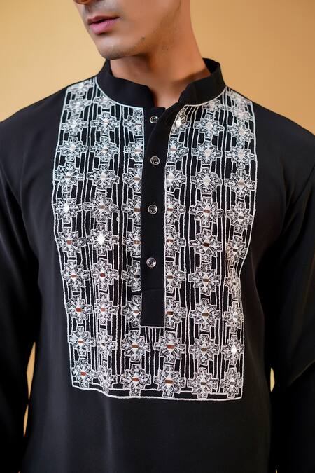Buy_Menero_Black Cotton, Crepe Embroidery Dori Work Kurta And Pant Set _Online_at_Aza_Fashions