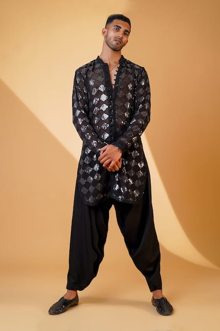 MENERO Sequin Motif Laced Kurta & Pathani Pant Set 