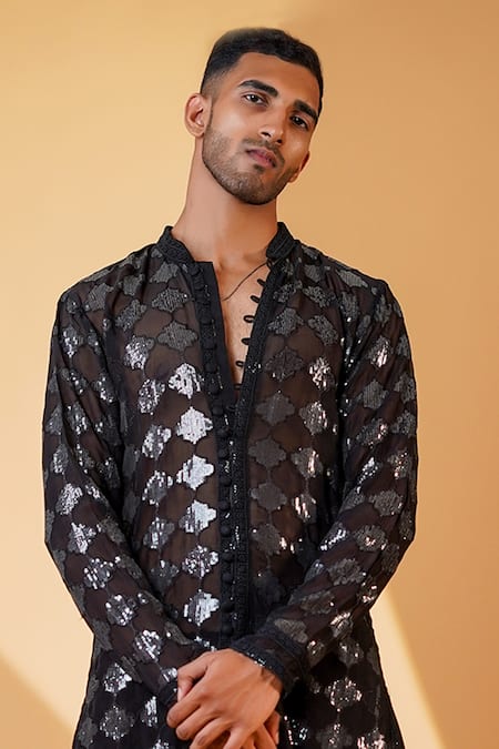 Menero_Black Georgette, Satin, Motif Laced Kurta And Pathani Pant Set _Online_at_Aza_Fashions