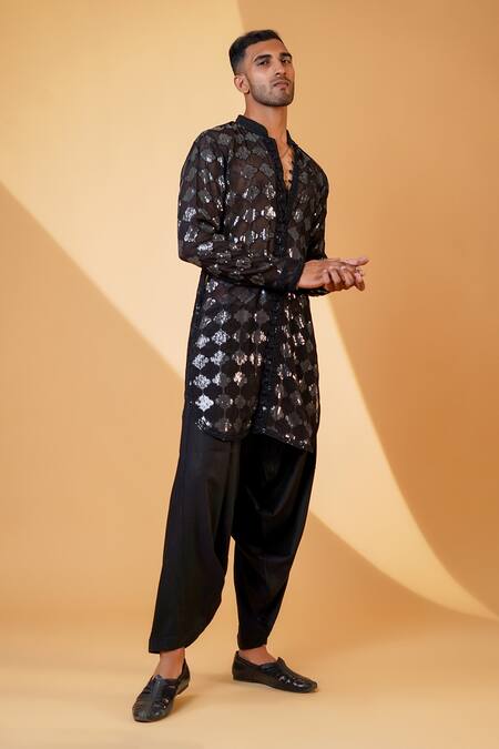 Buy_Menero_Black Georgette, Satin, Motif Laced Kurta And Pathani Pant Set _Online_at_Aza_Fashions