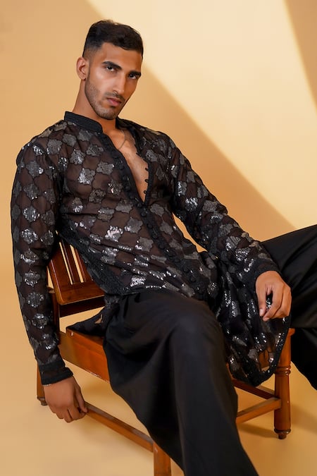 Shop_Menero_Black Georgette, Satin, Motif Laced Kurta And Pathani Pant Set _Online_at_Aza_Fashions