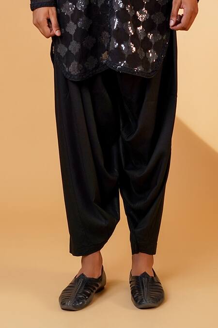 Menero_Black Georgette, Satin, Motif Laced Kurta And Pathani Pant Set _at_Aza_Fashions