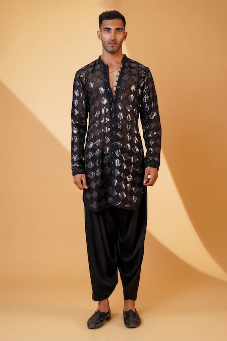 Buy_Menero_Black Georgette, Satin, Motif Laced Kurta And Pathani Pant Set 