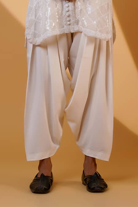 Menero_White Georgette, Cotton Satin, Cotton, Sequin Motif Kurta And Pathani Pant Set _Online_at_Aza_Fashions