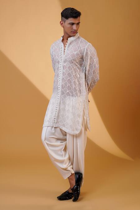 Shop_Menero_White Georgette, Cotton Satin, Cotton, Sequin Motif Kurta And Pathani Pant Set _Online_at_Aza_Fashions