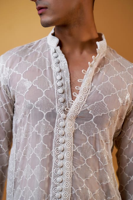 Menero_White Georgette, Cotton Satin, Cotton, Sequin Motif Kurta And Pathani Pant Set _at_Aza_Fashions