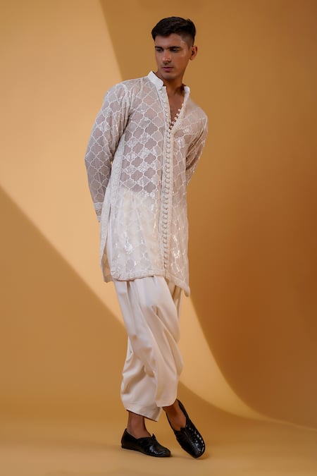 Buy_Menero_White Georgette, Cotton Satin, Cotton, Sequin Motif Kurta And Pathani Pant Set 