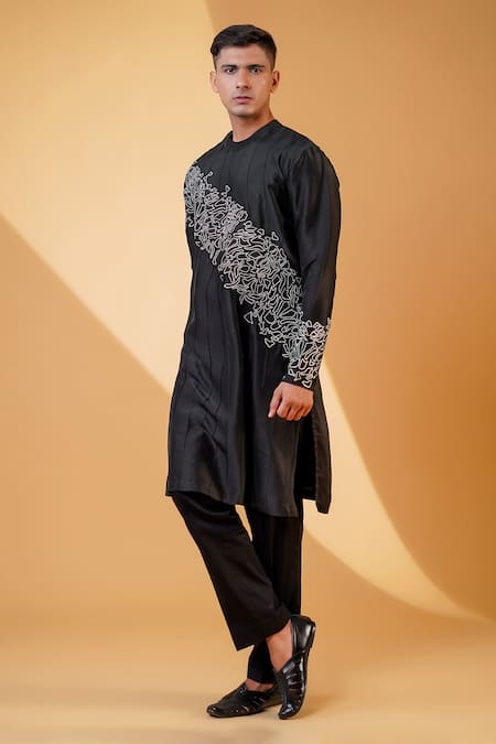 Menero_Black Cotton, Silk Embroidery Resham Kurta And Pant Set _Online_at_Aza_Fashions